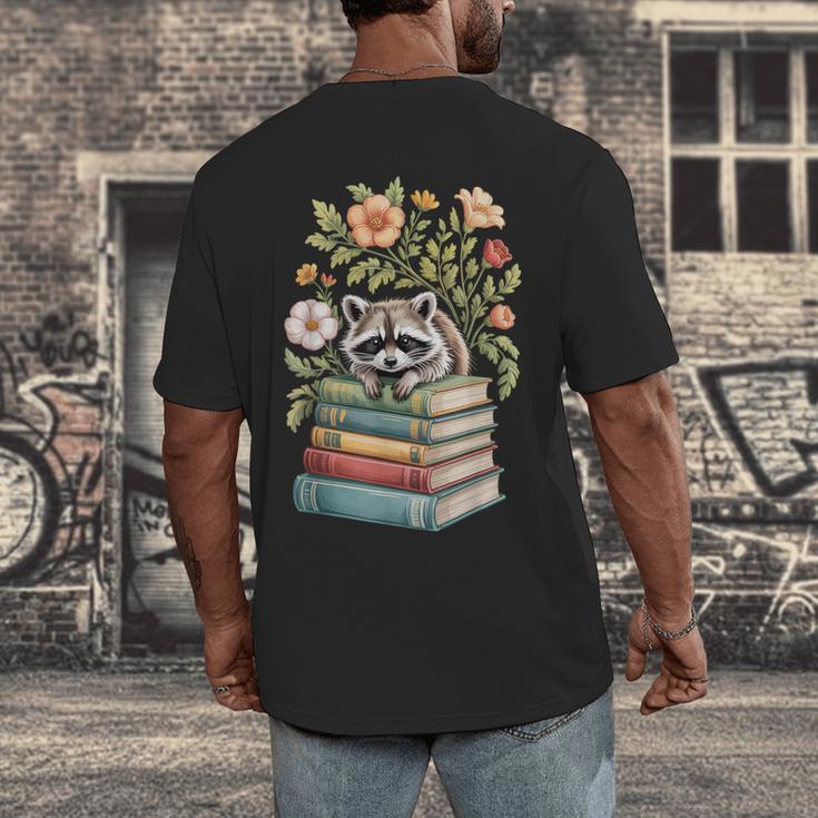 Raccoon Books Reading Flowers Men's Back Print T-Shirt