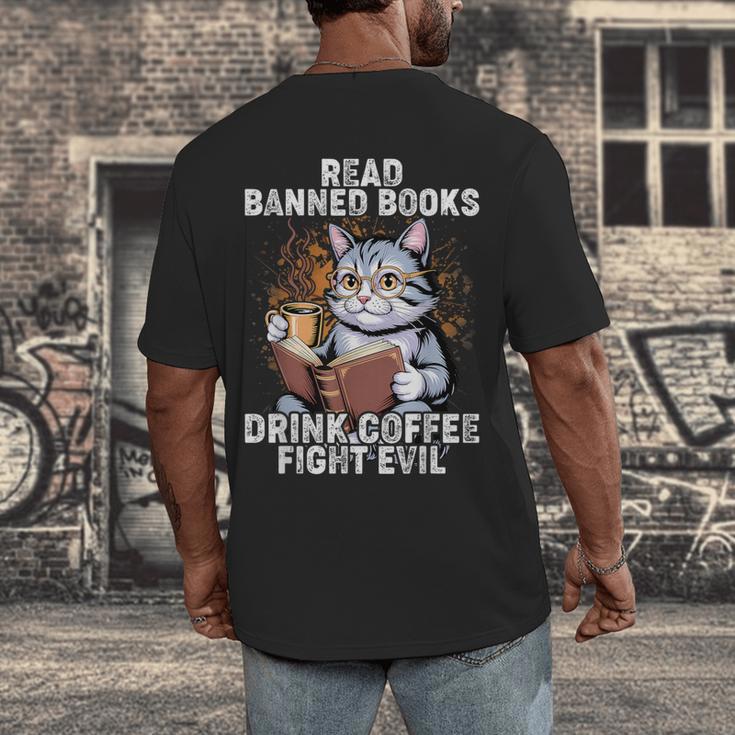 Read Banned Books Drink Coffee Fight Evil Cat Men's Back Print T-Shirt Read Banned Books Drink Coffee Fight Evil Cat Men's Back Print T-Shirt