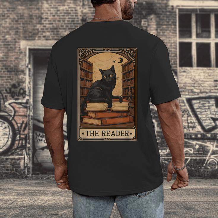 The Reader Cat Book Reading Halloween Tarot Card Men's Back Print T-Shirt The Reader Cat Book Reading Halloween Tarot Card Men's Back Print T-Shirt