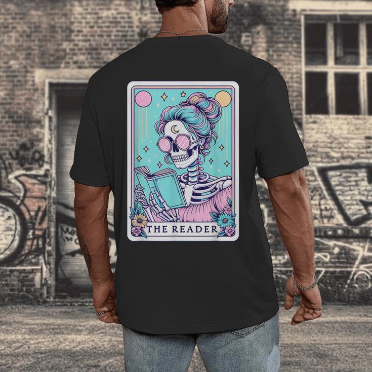 The Reader Retro Reading Skeleton Books Flowers Tarot Card Men's Back Print T-Shirt The Reader Retro Reading Skeleton Books Flowers Tarot Card Men's Back Print T-Shirt