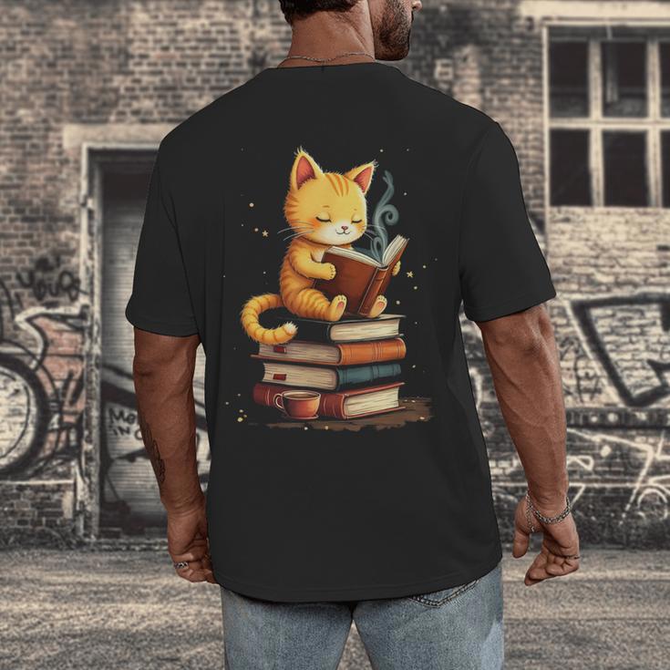 Reading Cat Books Cute Men's Back Print T-Shirt Reading Cat Books Cute Men's Back Print T-Shirt