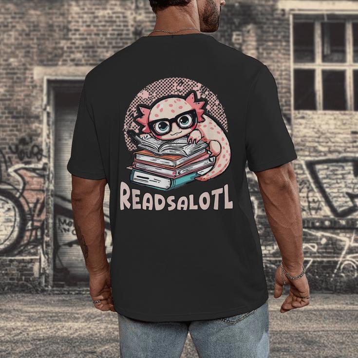 Readsalotl Axolotl Reading Books Glasses Bookworm Pun Fun Men's Back Print T-Shirt Readsalotl Axolotl Reading Books Glasses Bookworm Pun Fun Men's Back Print T-Shirt
