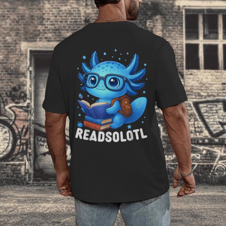 Readsolotl Blue Kawaii Axolotl Book Lover Reading Men's Back Print T-Shirt