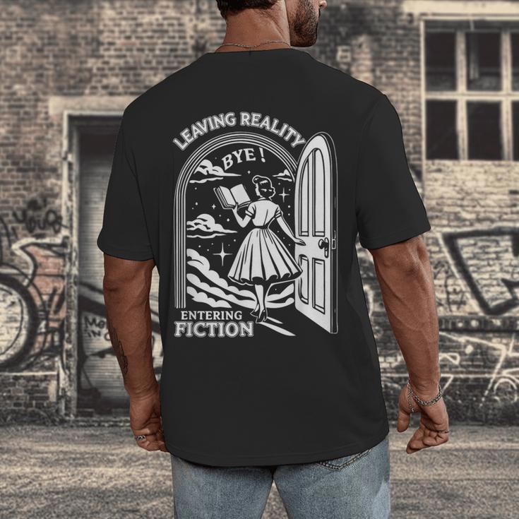 Retro Trendy Bookish Book Lover Reading Quotes Leaving Reality Entering Fiction -Adults Small Short Sleeve T-Shirt Men's Back Print T-Shirt