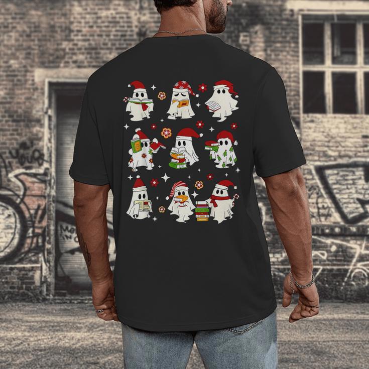 Santa Ghost Reading Books Christmas Library Teacher Men's Back Print T-Shirt