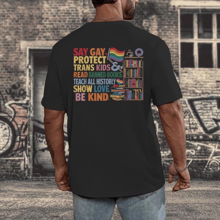 Say Gay Protect Trans Kids Read Banned Books LGBTQ Gay Pride Men's Back Print T-Shirt
