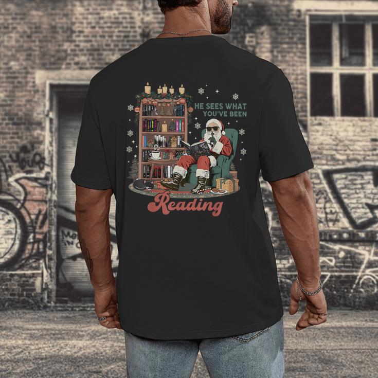 He Sees What You'Ve Been Reading Santa Christmas Bookish Men's Back Print T-Shirt