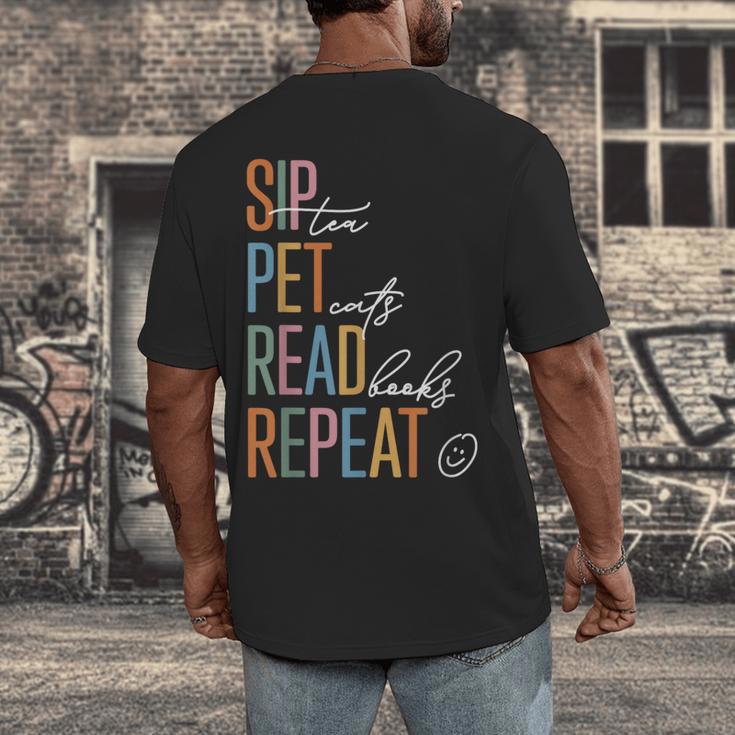 Sip Tea Pet Cats Read Books Repeat Book Cat Lover Men's Back Print T-Shirt Sip Tea Pet Cats Read Books Repeat Book Cat Lover Men's Back Print T-Shirt