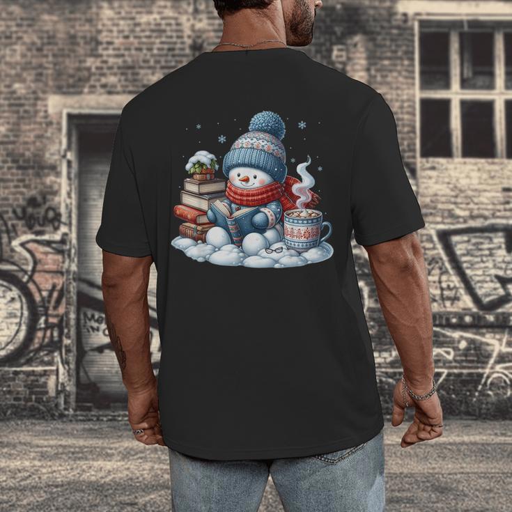 Snowman Reading Books Lovers Librarian Bookworm Christmas Men's Back Print T-Shirt