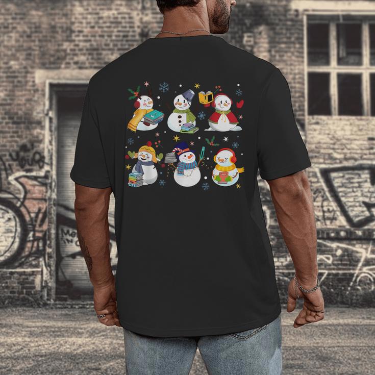 Snowman Reading Books Teacher Christmas Librarian Bookworm Men's Back Print T-Shirt