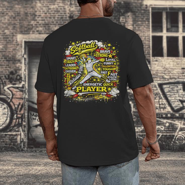 Softball Pitcher Best Traits Brave Retro Pop Comic Book Art Men's Back Print T-Shirt