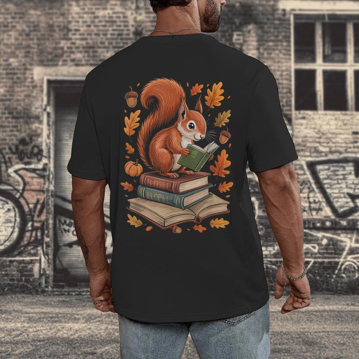 Squirrel Reading Book Lovers Fall Leaves Library Books Men's Back Print T-Shirt