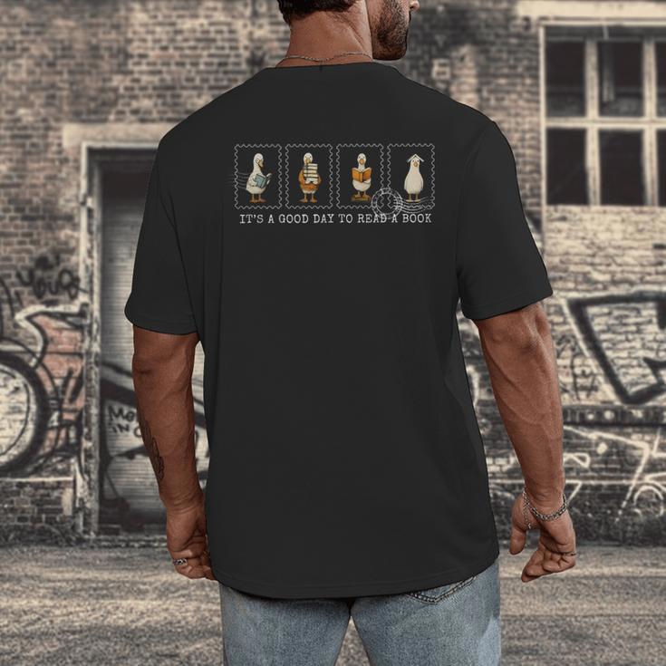 Stamp It's A Good Day To Read A Book Silly Goose Reading Men's Back Print T-Shirt Stamp It's A Good Day To Read A Book Silly Goose Reading Men's Back Print T-Shirt