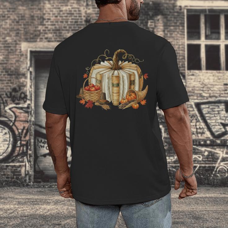 Teacher Book Pumpkin Fall Reading Thanksgiving Autumn Men's Back Print T-Shirt