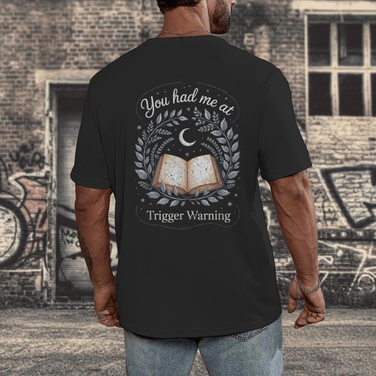 You Had Me At Trigger Warning Dark Romance Skeleton Book Men's Back Print T-Shirt