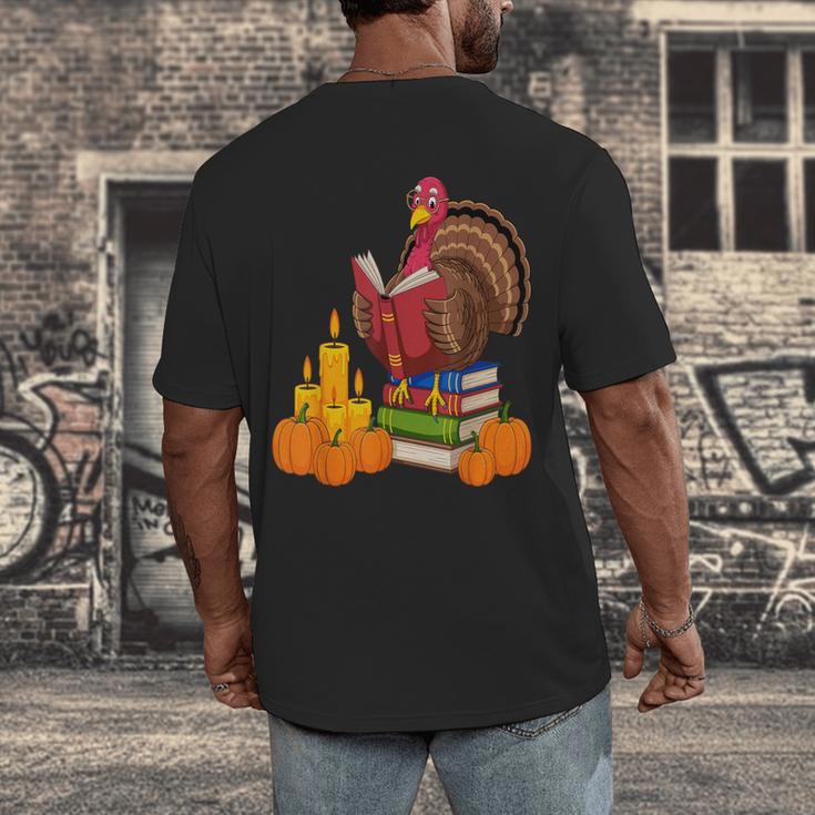 Turkey Reading Books Fall Thanksgiving Teacher Book Men's Back Print T-Shirt