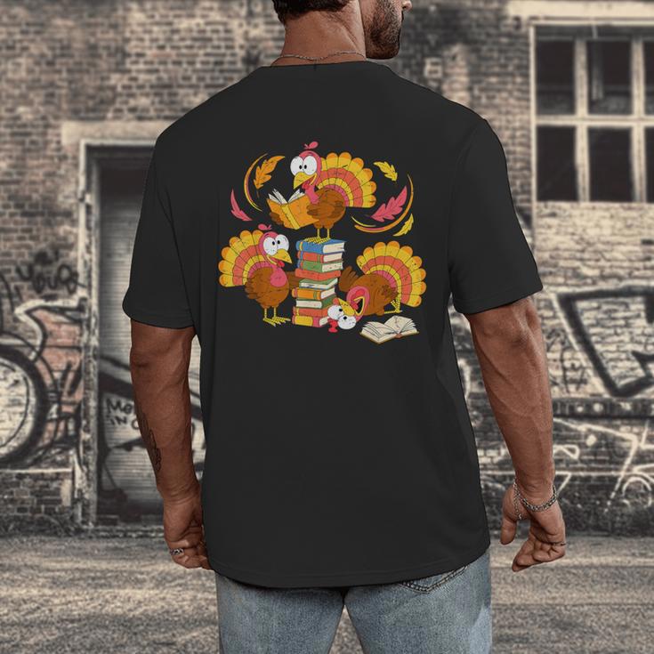 Turkey Reading Books Fall Thanksgiving Teacher Librarian Men's Back Print T-Shirt Turkey Reading Books Fall Thanksgiving Teacher Librarian Men's Back Print T-Shirt