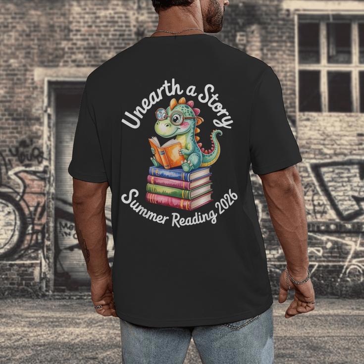 Unearth a Story Summer Reading 2026 Book Lover Dino Fun Men's Back Print T-Shirt