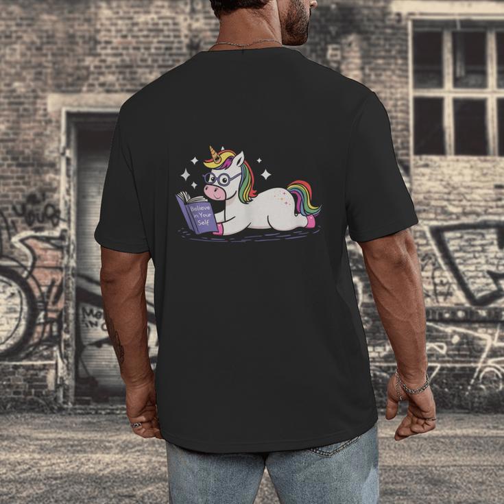 Unicorn Bookworm Believe In Yourself Cute And Inspirational Men's Back Print T-Shirt