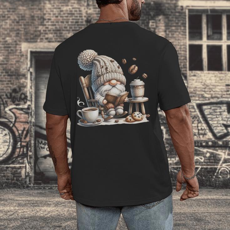Vintage Cute Gnome Reading Book Coffee Cute Gnome Graphic Men's Back Print T-Shirt Vintage Cute Gnome Reading Book Coffee Cute Gnome Graphic Men's Back Print T-Shirt
