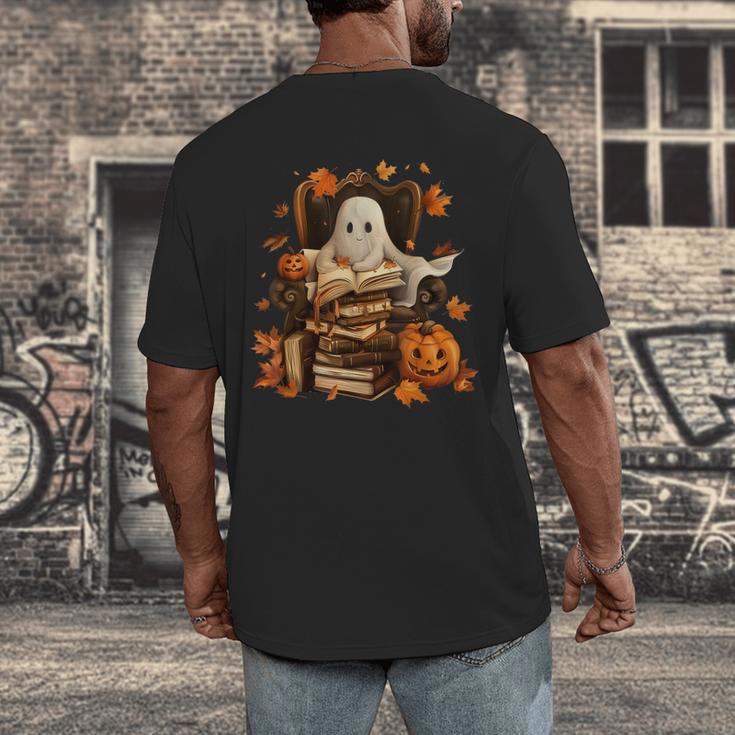 Vintage Ghost Book Reading Pumpkin Gothic Halloween Teachers Men's Back Print T-Shirt Vintage Ghost Book Reading Pumpkin Gothic Halloween Teachers Men's Back Print T-Shirt