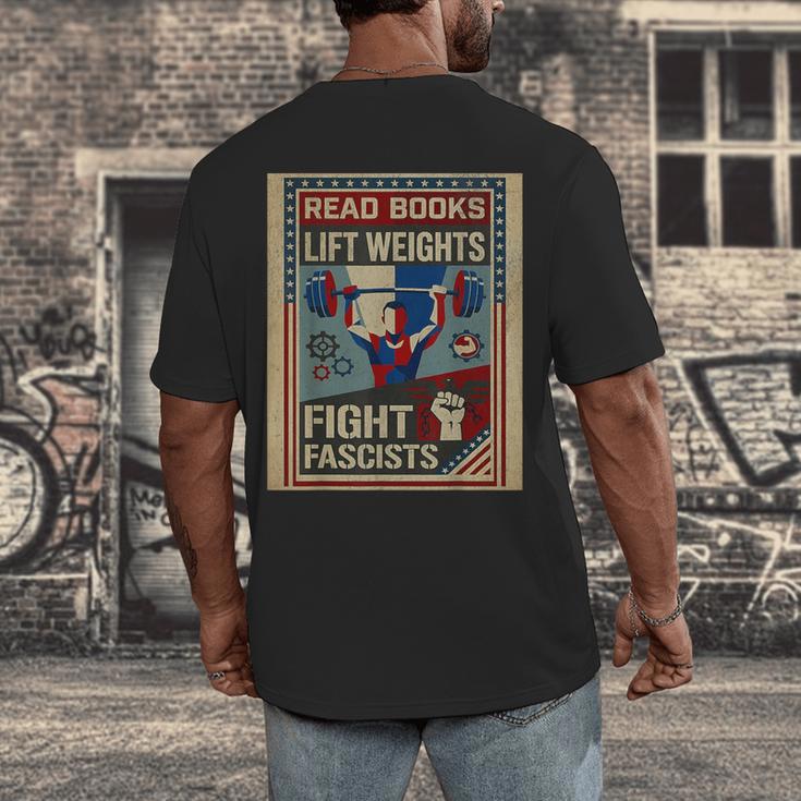 Vintage Style Read Books Lift Weights Fight Fascists Retro Men's Back Print T-Shirt