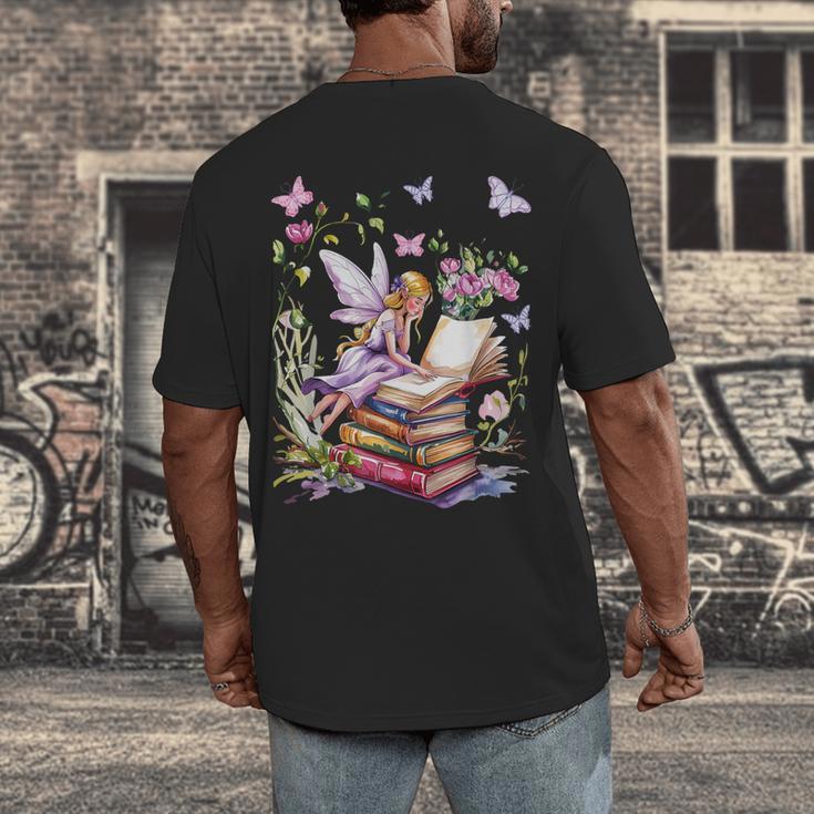 Watercolor Butterfly Fairy Read Book Library Fantasy Novel Men's Back Print T-Shirt Watercolor Butterfly Fairy Read Book Library Fantasy Novel Men's Back Print T-Shirt