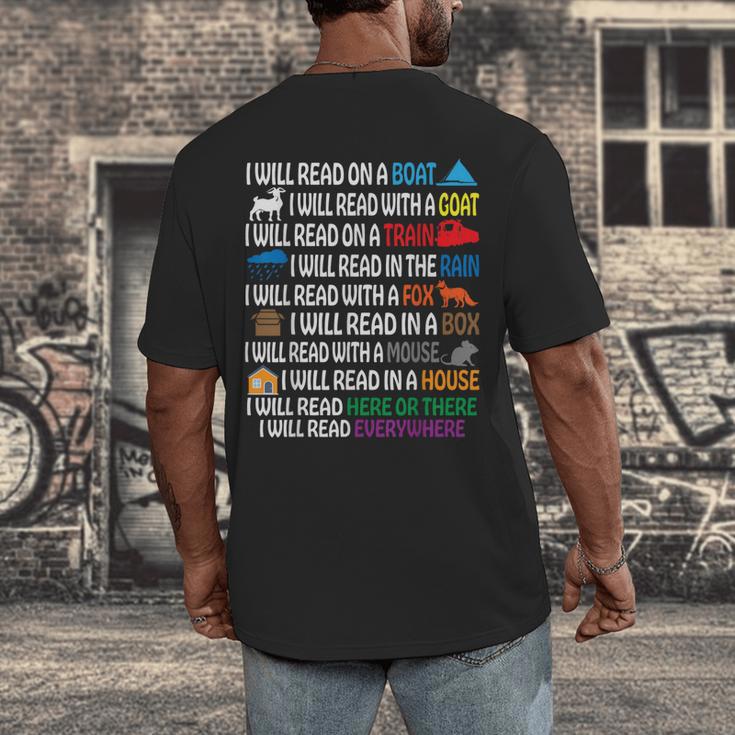 I Will Read Books On A Boat & Everywhere Reading Kids Book Men's Back Print T-Shirt