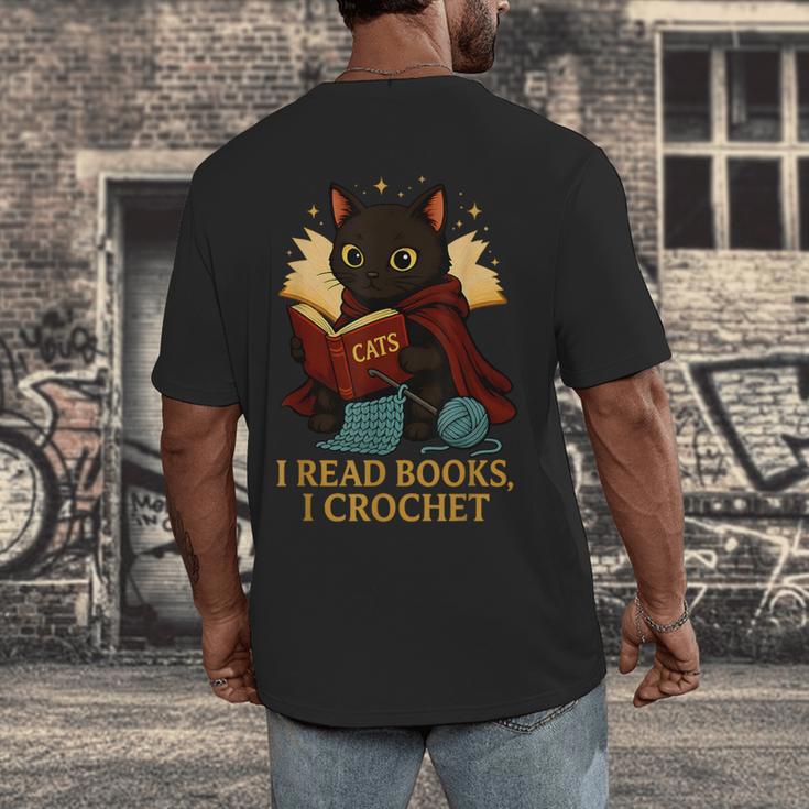 Wizard Cat Reading a Book While Crocheting Men's Back Print T-Shirt
