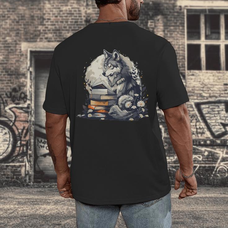 Wolf Reading Book Librarian Library Wolves Men's Back Print T-Shirt Wolf Reading Book Librarian Library Wolves Men's Back Print T-Shirt