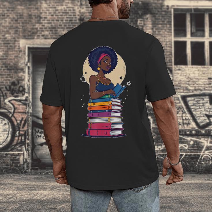 Woman And Books Stack Afro Girl Reading Lover Men's Back Print T-Shirt Woman And Books Stack Afro Girl Reading Lover Men's Back Print T-Shirt