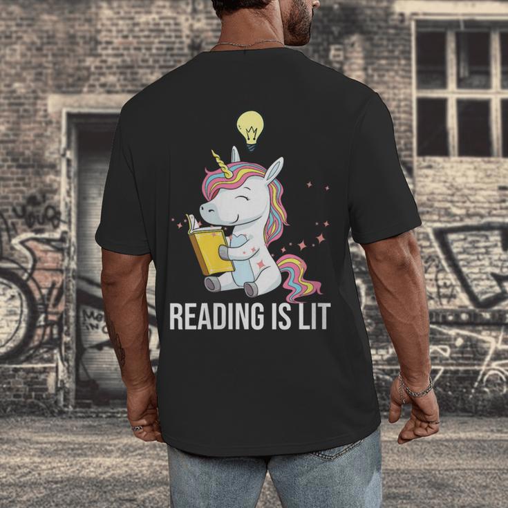 Women's Reading Is Lit Unicorn Library English Teacher Book Lover Men's Back Print T-Shirt Women's Reading Is Lit Unicorn Library English Teacher Book Lover Men's Back Print T-Shirt
