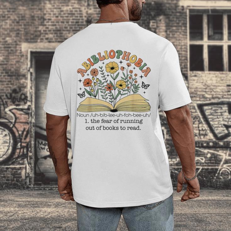 Abibliophobia Wildflower Reading Bookworm Book Reader Men's Back Print T-Shirt Abibliophobia Wildflower Reading Bookworm Book Reader Men's Back Print T-Shirt
