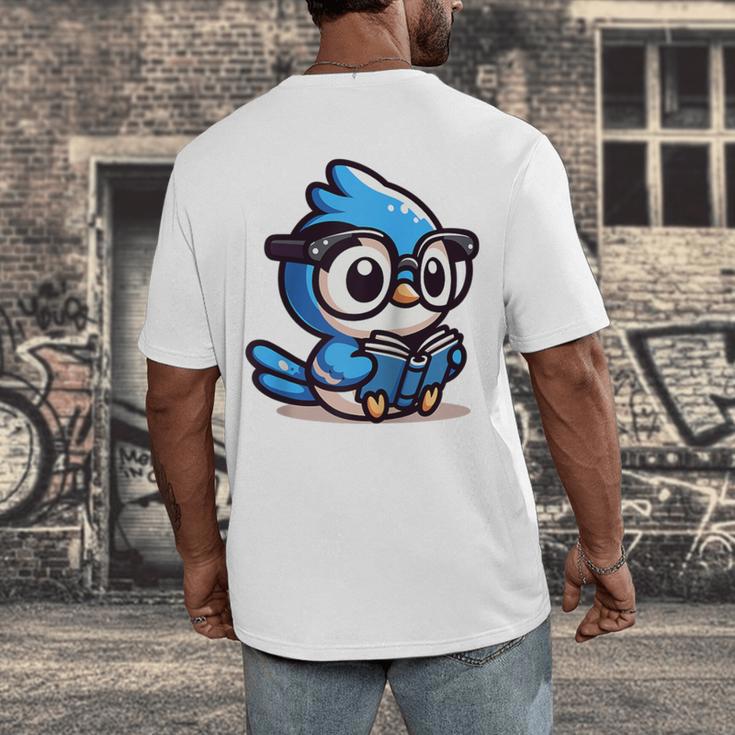 Adorable Book Lover Blue Jay With Reading Glasses Cute Raglan Baseball Tee Men's Back Print T-Shirt