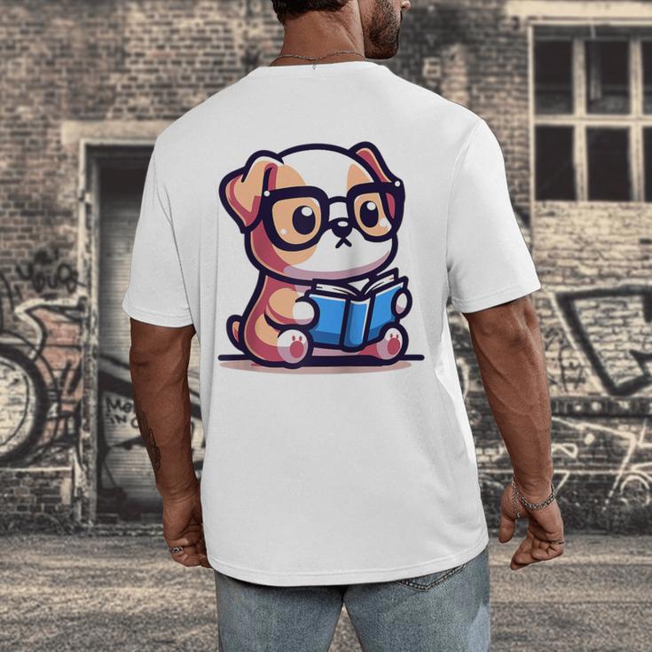 Adorable Book Lover Bulldog With Reading Glasses Cute Raglan Baseball Tee Men's Back Print T-Shirt