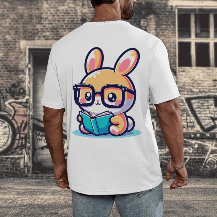 Adorable Book Lover Rabbit With Reading Glasses Cute Premium Men's Back Print T-Shirt
