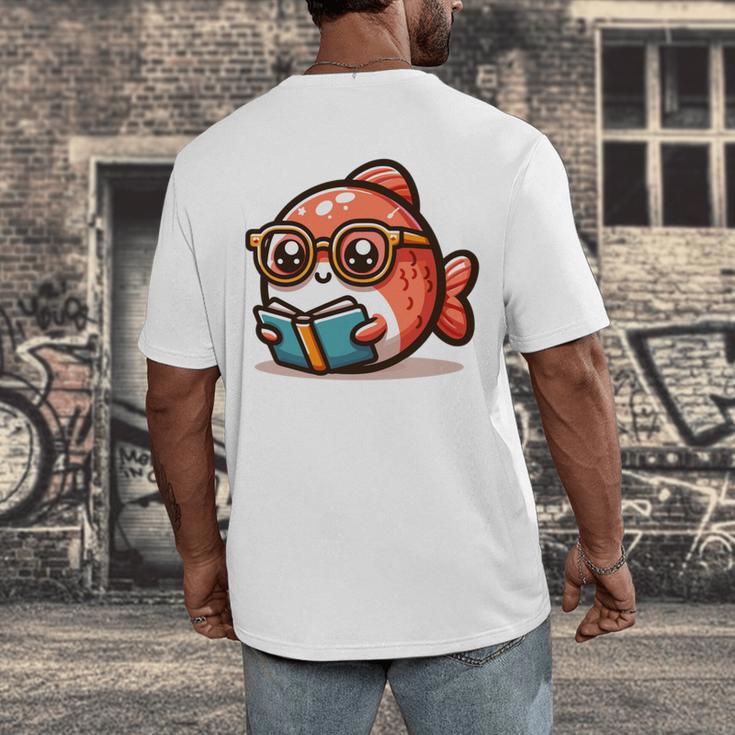 Adorable Book Lover Salmon With Reading Glasses Cute Men's Back Print T-Shirt