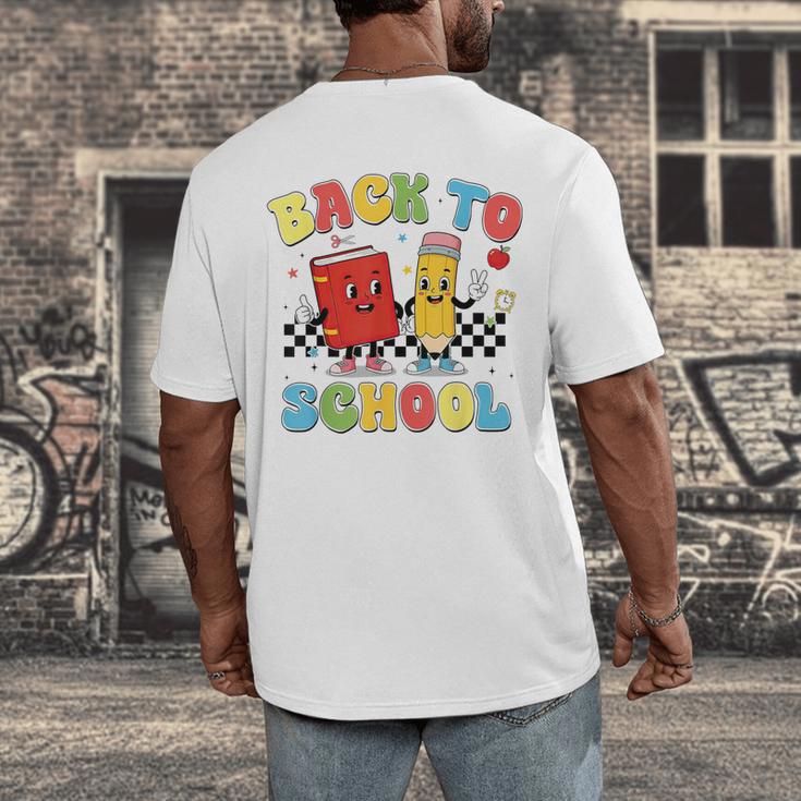 Back To School Checkered Book Pencil Groovy Teacher Student Men's Back Print T-Shirt