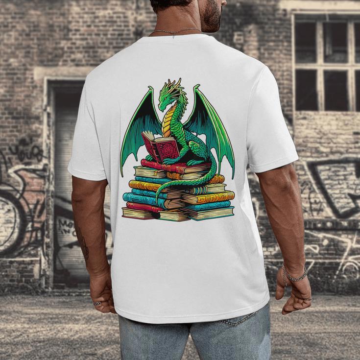 Book Dragon Reading Books Men's Back Print T-Shirt Book Dragon Reading Books Men's Back Print T-Shirt