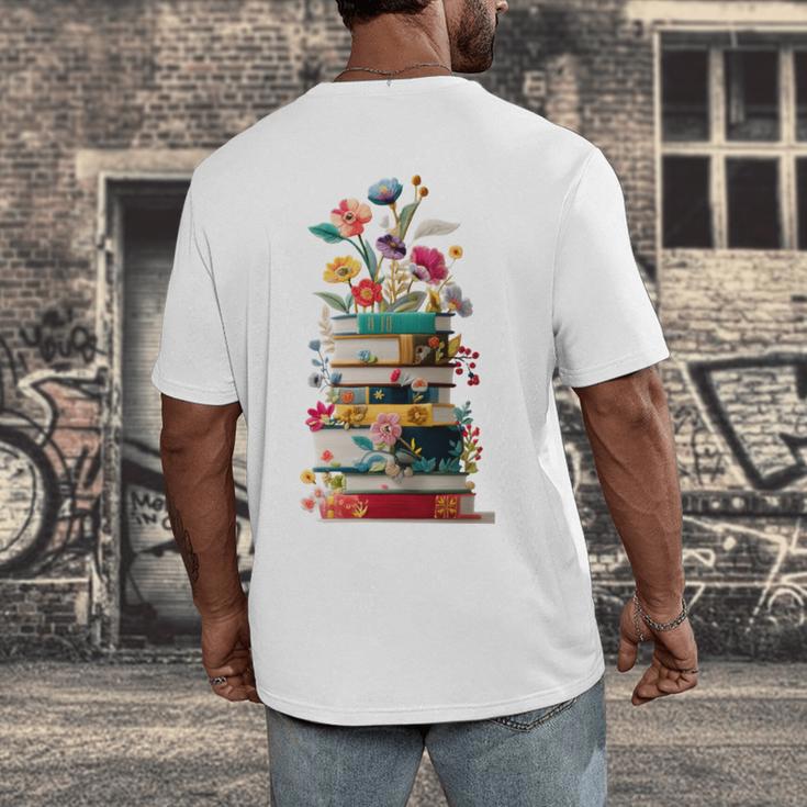 Book Stack With Flowers Reading Lover Bookish Men's Back Print T-Shirt