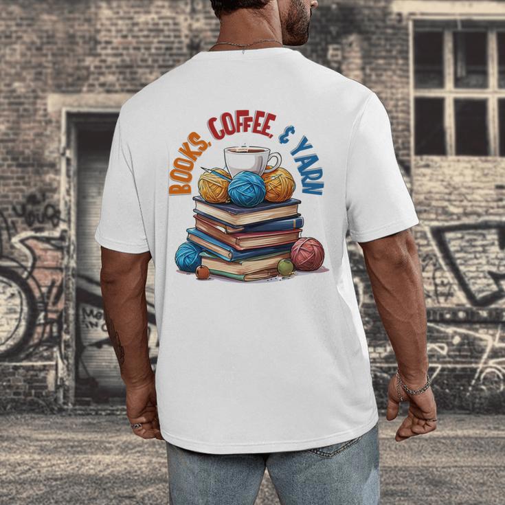 “Books Coffee & Yarn Enthusiast Cozy Reader Men's Back Print T-Shirt