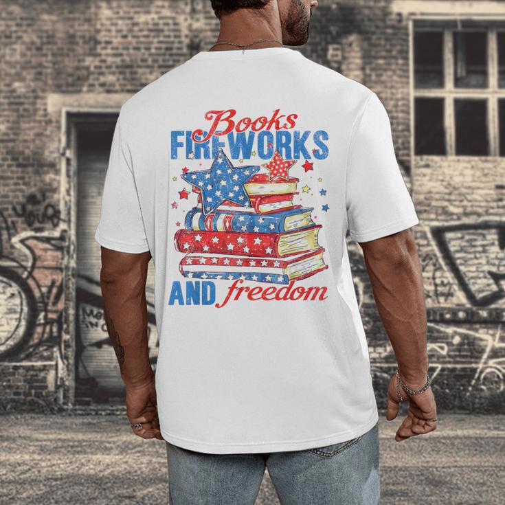 Books Fireworks And Freedom 4th Of July Book Lover Men's Back Print T-Shirt
