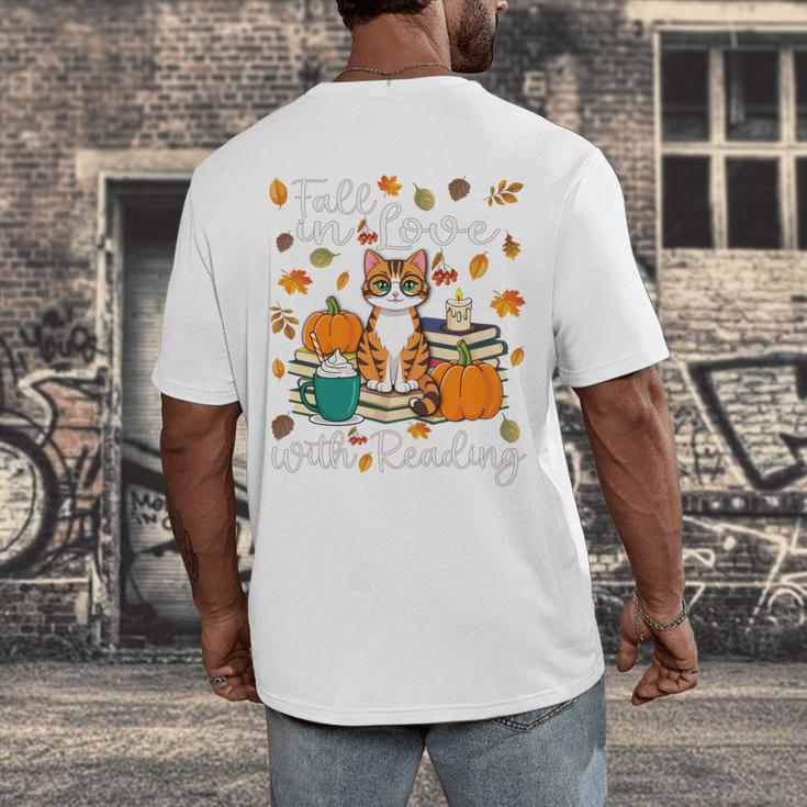 Cat Fall In Love With Reading Book Lover Autumn Men's Back Print T-Shirt
