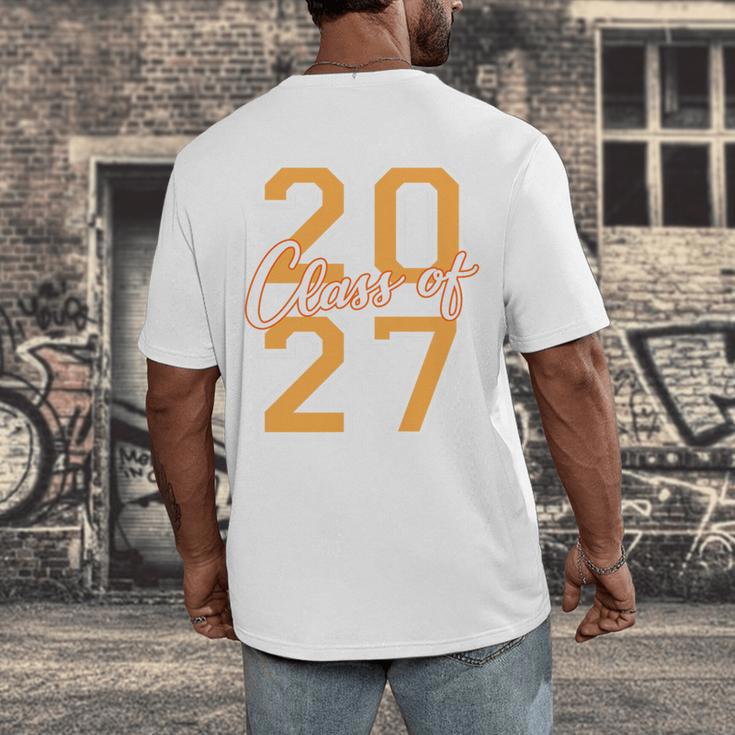 Class Of 2027 Graduation Varsity Orange On The Back Premium Tri-Blend Men's Back Print T-Shirt