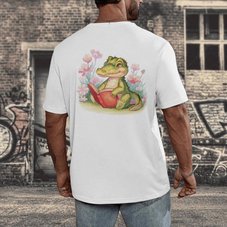 Crocodile Reading Book Watercolor Flowers Kids Men's Back Print T-Shirt