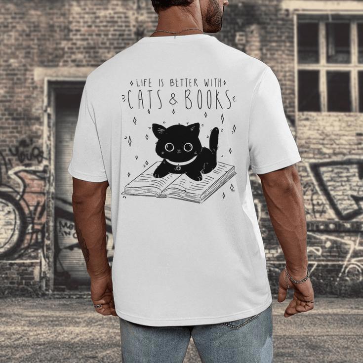 Cute Cats And Books Aesthetic Feline Reader Graphic Premium Tri-Blend Men's Back Print T-Shirt