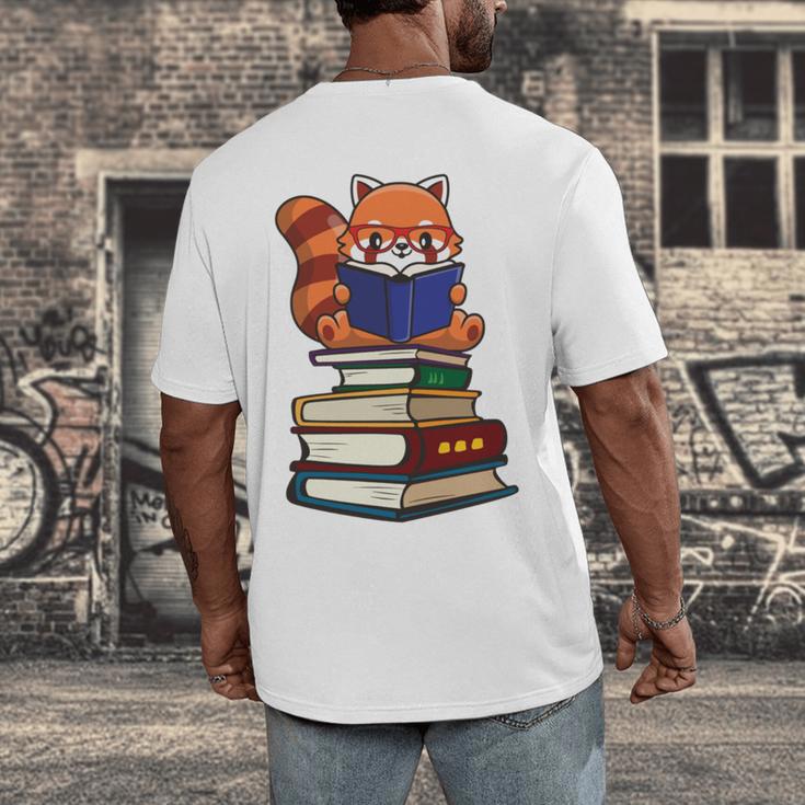 Cute Kawaii Kids Reading Books Glasses Red Panda Lover Men's Back Print T-Shirt
