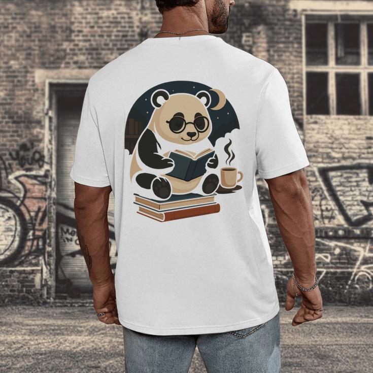 Cute Panda Reading Book Under Moon Bookworm Coffee Lover Men's Back Print T-Shirt