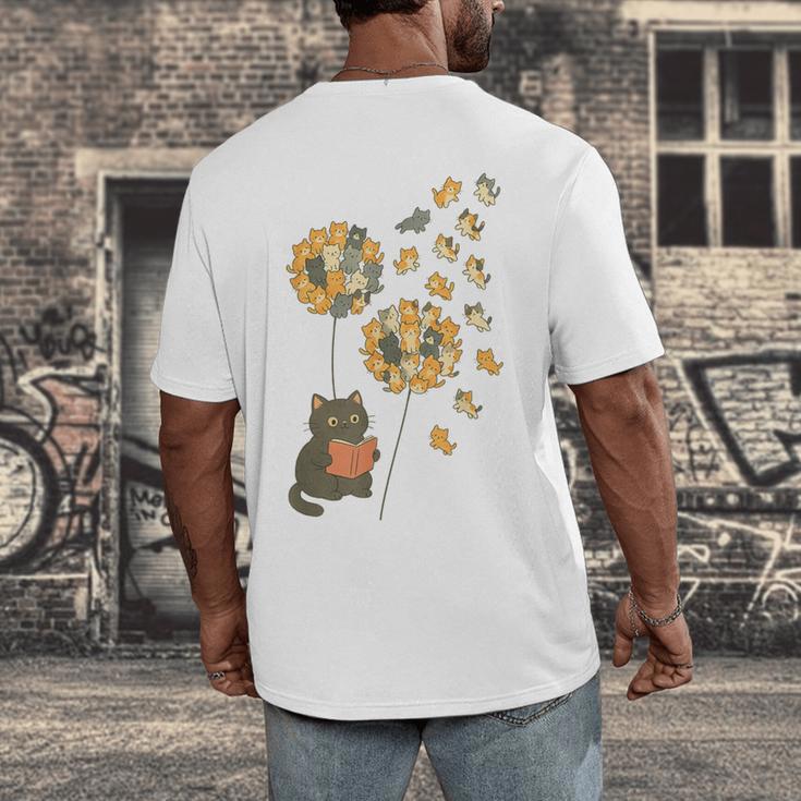 Cute Reading Cat With Kitten Dandelion Flowers Book Lover Men's Back Print T-Shirt