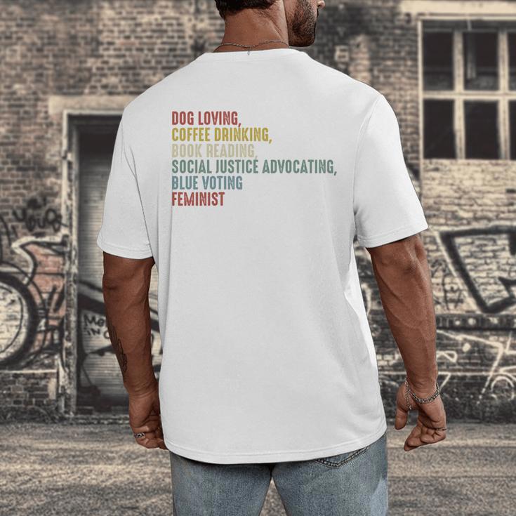 Dog Loving Coffee Drinking Book Reading Social Justice Men's Back Print T-Shirt Dog Loving Coffee Drinking Book Reading Social Justice Men's Back Print T-Shirt